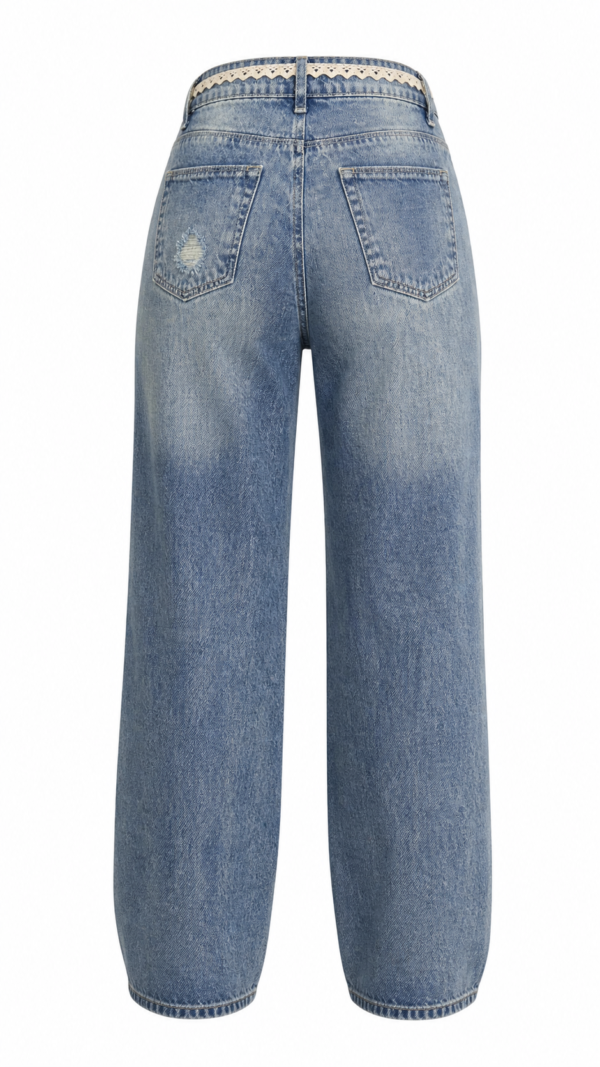 41851651-002F-4476-A093-1501C5975053 Jean Wide Leg con Cinturón de Encaje y Detalles Distressed