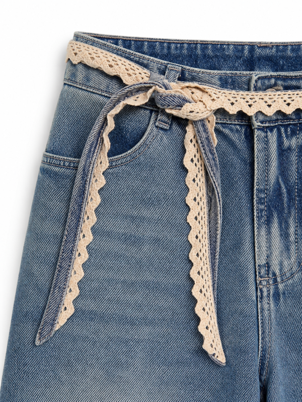 671BA0AA-4279-48DD-AE8C-FEC198C8FBB7 Jean Wide Leg con Cinturón de Encaje y Detalles Distressed