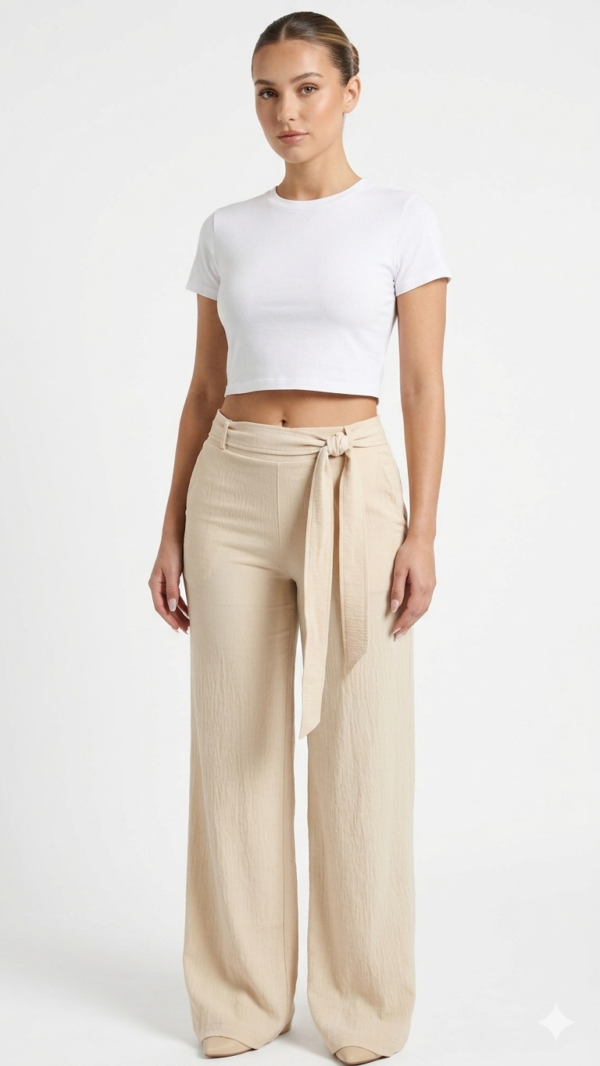 IMG_2399 Pantalón Fluido con Cintura Ajustable y Lazo – Beige
